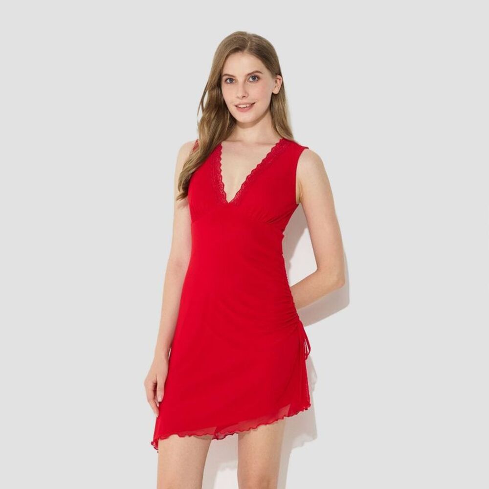Women's Lace Trim Asymmetrical Mini Dress - Wild Fable Red L